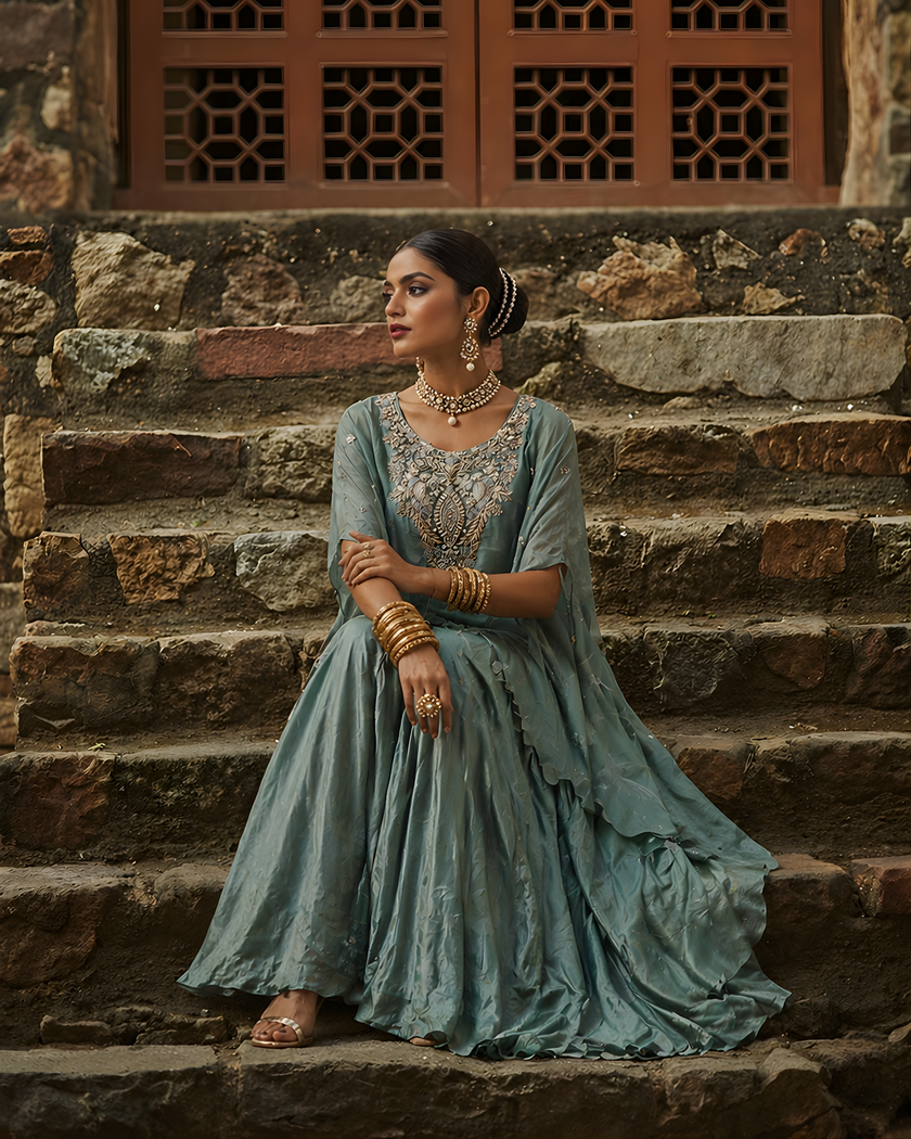 Teal the Drama Embroidered Anarkali Set (Ready to Ship)