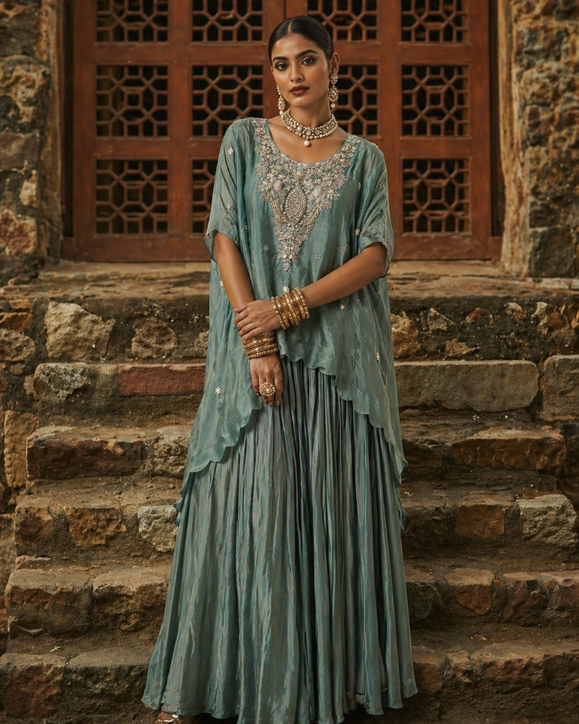 Teal the Drama Embroidered Anarkali Set (Ready to Ship)