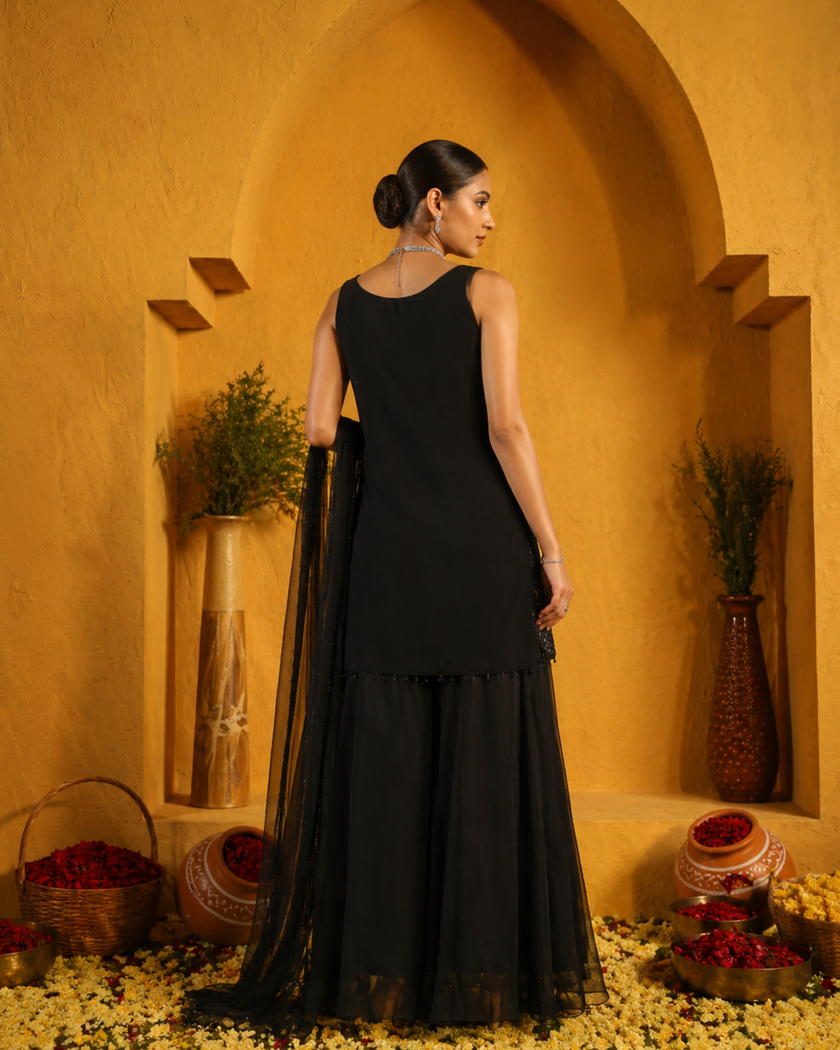 Noir Nakhra Embellished Sharara Set (Ready to Ship)