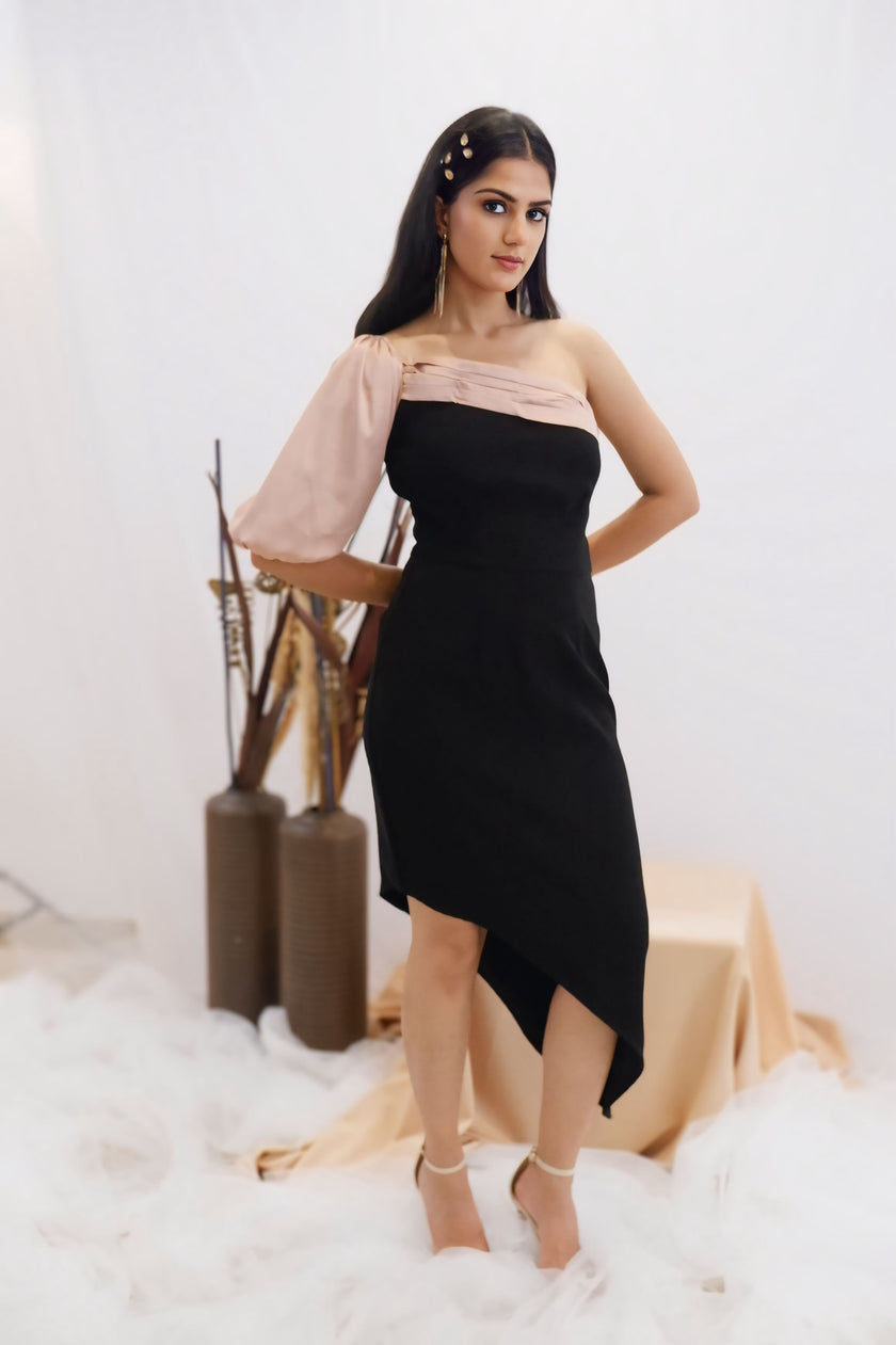 Blush & Black Asymmetric One-Shoulder Dress (Ready to Ship)