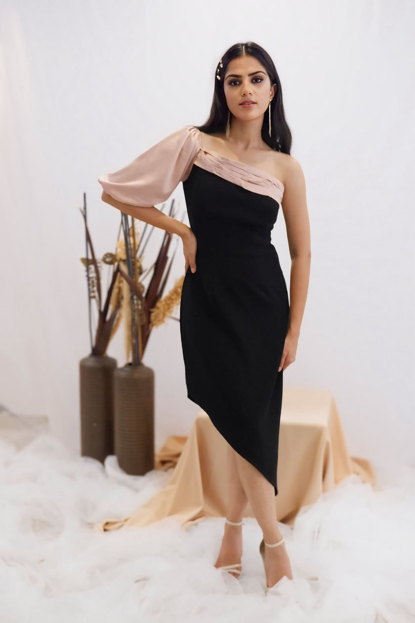 Blush & Black Asymmetric One-Shoulder Dress (Ready to Ship)