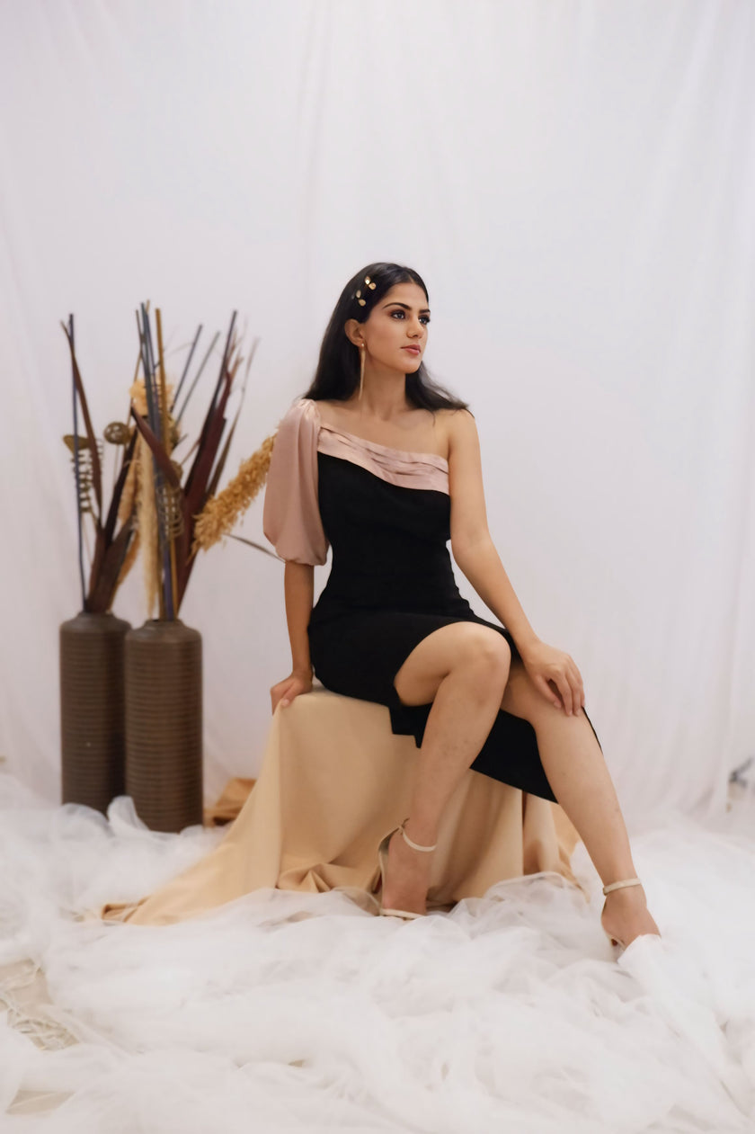 Blush & Black Asymmetric One-Shoulder Dress (Ready to Ship)