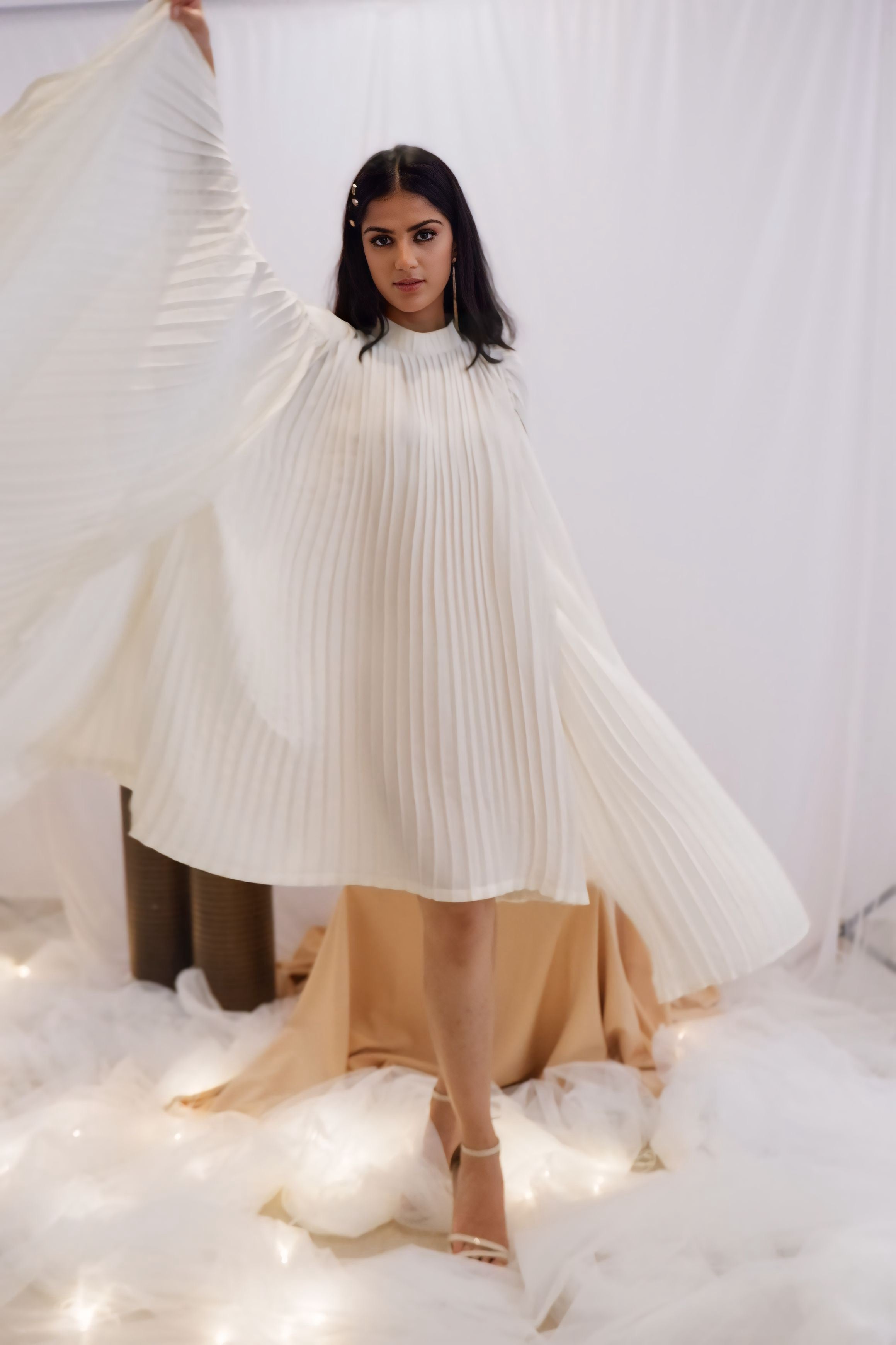 Freo Ivory Pleated Cape Dress
