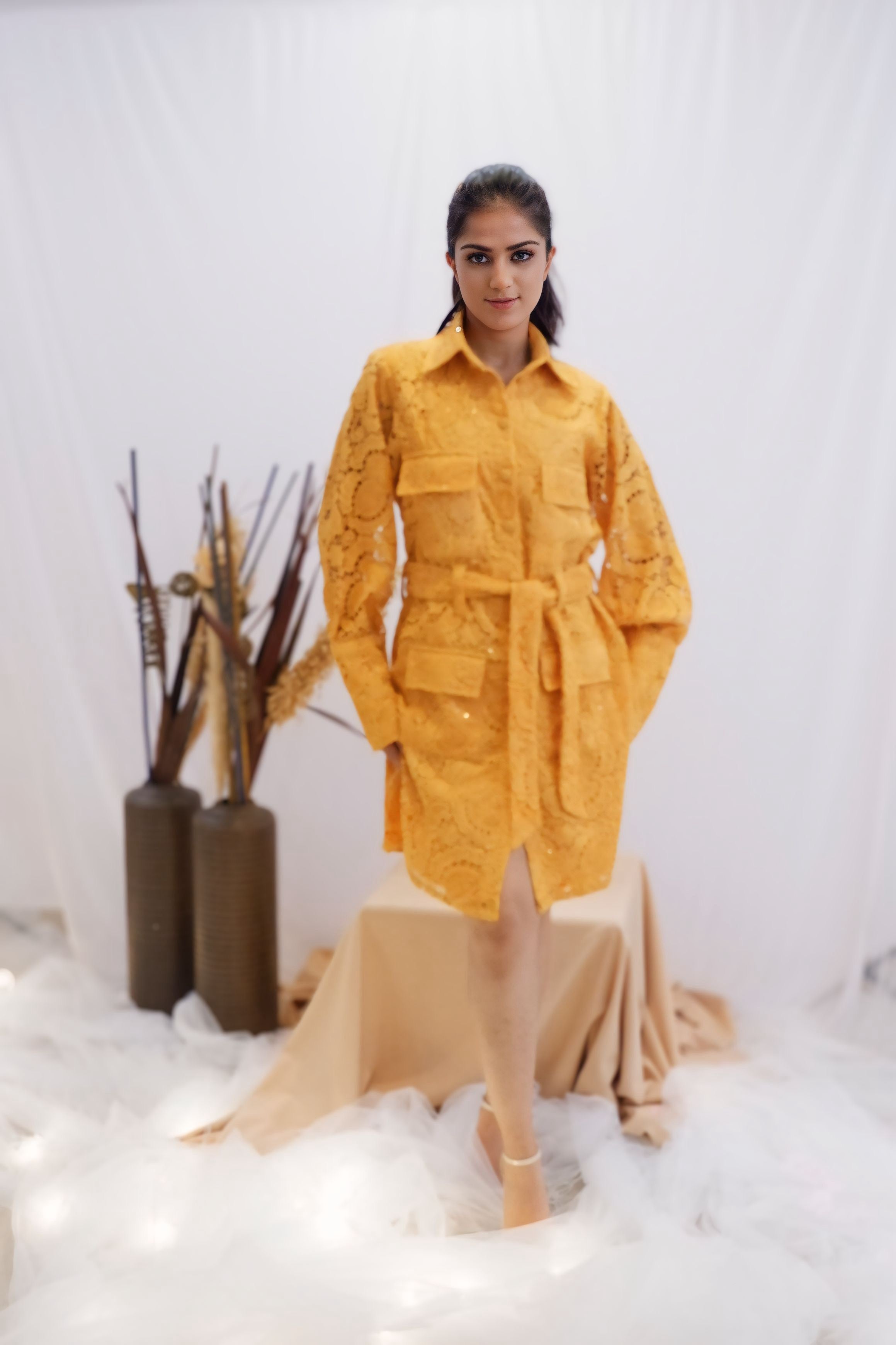 Freo Sunset Gold Lace Trench Dress