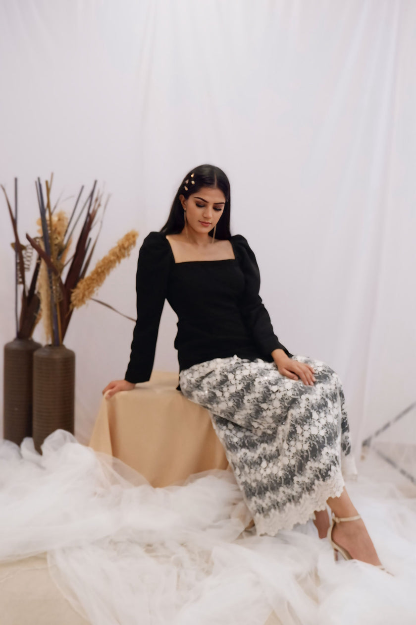 Black & Lace Contrast Midi Dress (Ready to Ship)