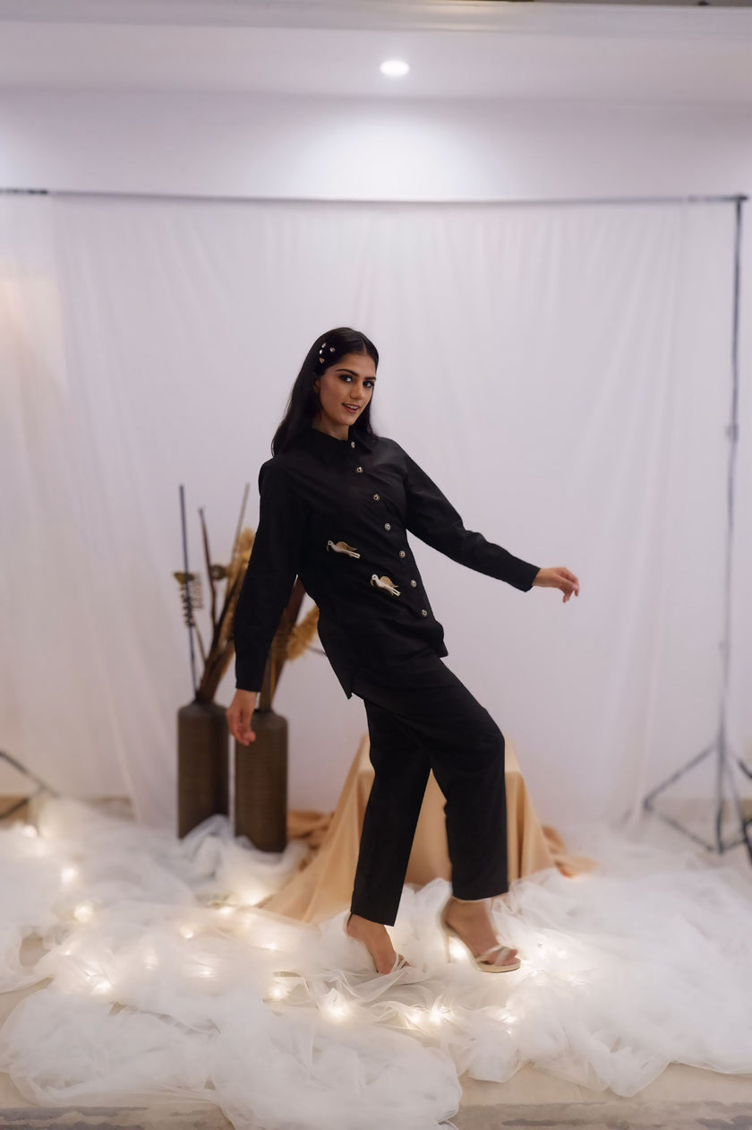 Minimal Black Embroidered Co-Ord Set (Ready to Ship)